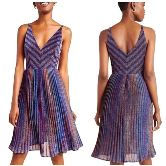 Dress the Population NWT Hayley Metallic Striped Pleated cocktail party Dress S - Picture 1 of 14